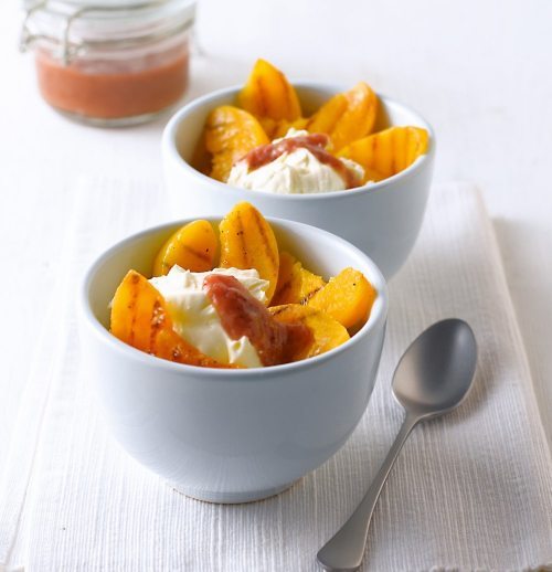 Griddled Peaches with Strawberry Coulis and Clotted Cream