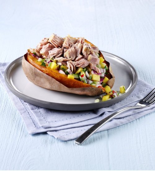 Tuna Sweet Potato Jacket with Mango and Red Onion Salsa